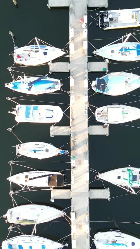 Aerial view over rows of boats in a marina Stock Footage 337120516