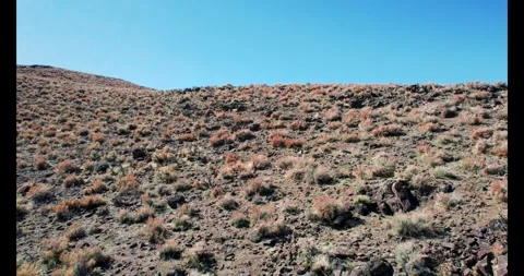 Aerial view over a sage covered ridge revealing a creek and a pond and a cit Stock Footage 274154214