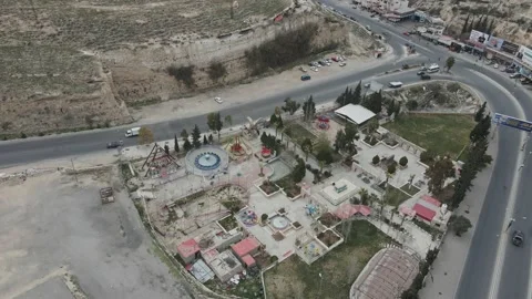 Aerial view over a small amusement park in Karak, Jordan Stock Footage 187501590