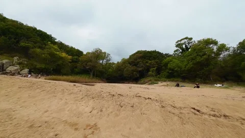 Aerial view over a small bay with a wild beach, located in the forest, Paraskeva Stock Footage 288034632