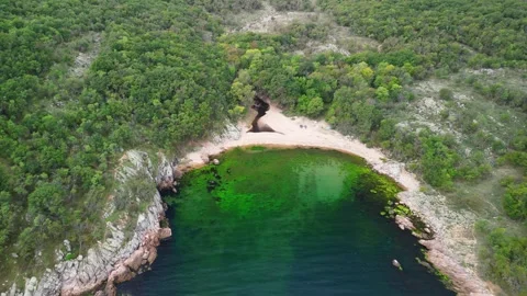 Aerial view over a small bay with a wild beach, located in the forest, Paraskeva Stock Footage 288034710