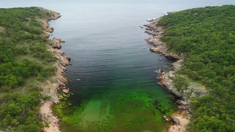 Aerial view over a small bay with a wild beach, located in the forest, Paraskeva Stock Footage 288034741