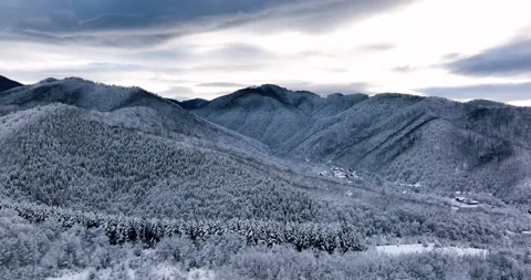 Aerial view over snow covered trees, sunset in Romania. Rising, drone footage Stock Footage 201491982