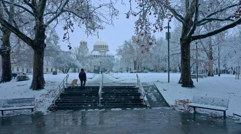 Aerial view over snowy Sofia in a park with a cathedral background 스톡 사진