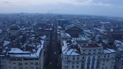 Aerial view over Sofia with an architectural building and snow on the roofs 스톡 동영상 151416005