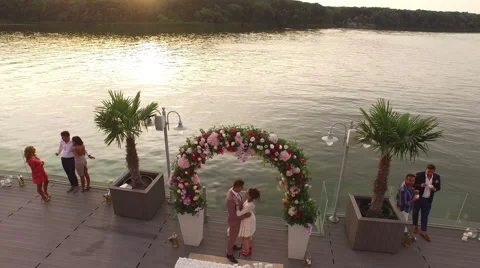 Aerial view over summer sunset on a lake Stock Footage 63539353