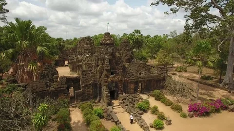 Aerial view over Ta Prohm Temple - Angkor, Cambodia Stock Footage 83533922