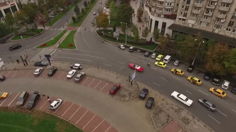 Aerial view over traffic jam in large intersection round Stock Footage 62961573