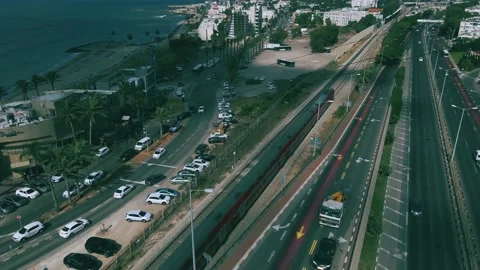 Aerial View over Train at Haifa City, Israel Stock Footage 157333640