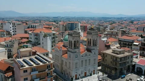 Aerial view over Tripoli city, Arcadia and the Metropolitan Church of St. Bas Stock Footage 197072653