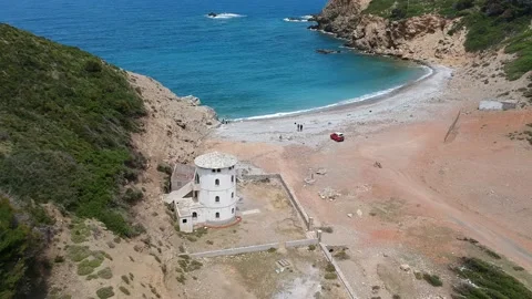 Aerial view over Tsoukalia beach in Alonissos, Greece Stock Footage 201809969
