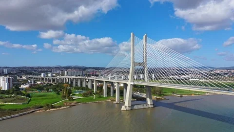 Aerial view over Vasco Da Gama Bridge in Lisbon 動画素材 119985032