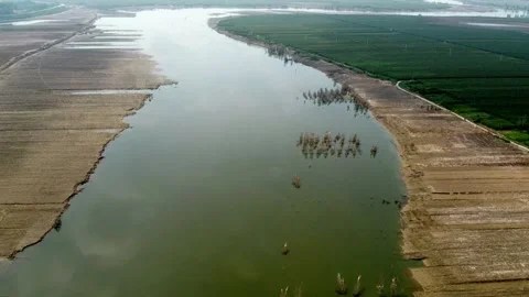 Aerial view over vast river and fields. Stock Footage 336327105