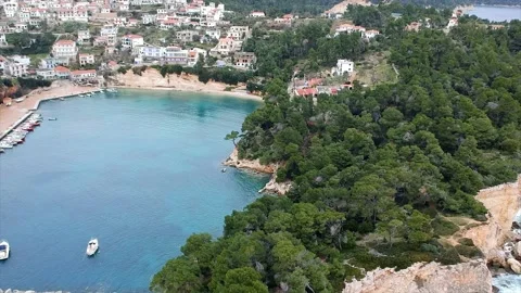 Aerial view over Votsi beach (Paralia Votsi) in Alonissos island, Greece Stock Footage 135545767