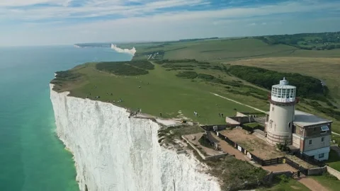 Aerial view over the white cliffs of The Seven Sisters Dover, south England. Stock Footage 323610409