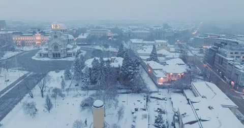 Aerial view over winter Sofia with architectural buildings and snowy roofs Stock Footage 297784581