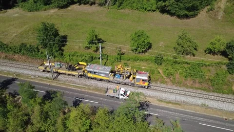 Aerial view of an overhead line maintenance train near Ernsthofen, Austria Stock Footage 343510760