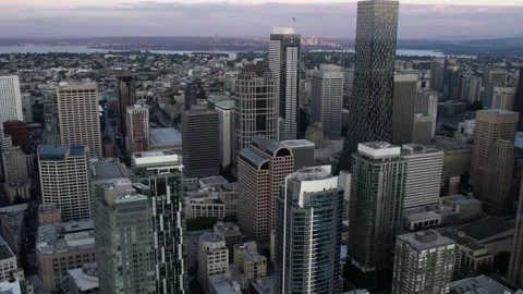 Aerial view overlooking the financial district of Seattle, dawn in 스톡 동영상 218574749
