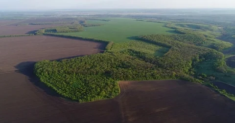 Aerial view overlooking the patchwork landscape of farmlands Stock Footage 85250808