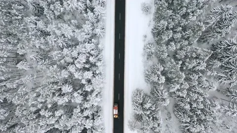 Aerial view overlooking a road, in middle of snow covered trees and snowy forest Stock Footage 223417567