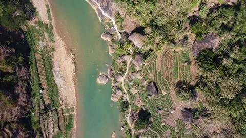 Aerial view of the Oyo river with rice terraces on the hill Stock Photos