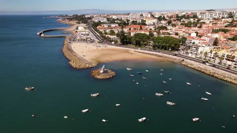 Aerial View Paco de Arcos bay - Artificial geyser - Oeiras, Portugal on a summer Stock Footage 202131264
