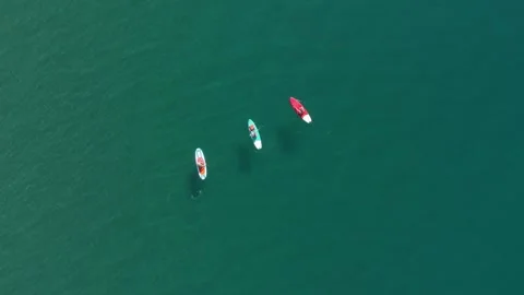 Aerial view of paddling boards, three people paddling in green sea Stock Footage 344288913