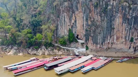 Aerial View of Pak Ou Caves and Mekong River Stock Footage 342334736