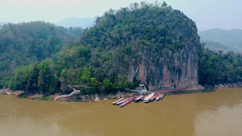 Aerial View of Pak Ou Caves and Mekong River Stock Footage 342334745