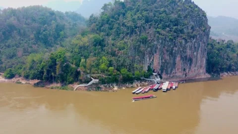 Aerial View of Pak Ou Caves and Mekong River Stock Footage 342334749
