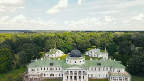 Aerial View Palace And Park Ensemble. The Tarnovsky Estate Kachanovka. Ukraine. Stock Footage 140790053