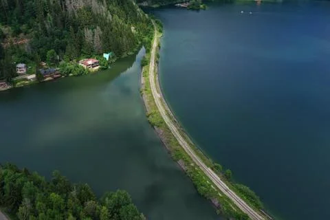 Aerial view of the Palcmanska masa water reservoir in the village of Dedinky Stock Photos