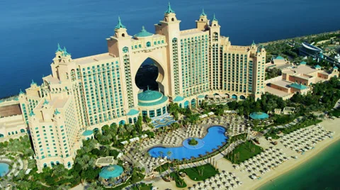 Aerial view Palm Atlantis, Dubai Stock Footage