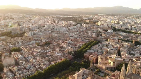 Aerial view of Palma de Mallorca at sunset- Spain Stock Footage
