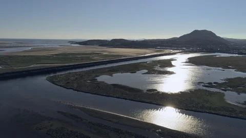 Aerial view, pan and forward move. Drone panorama over Glaslyn reserve wetlan Stock Footage 94246248
