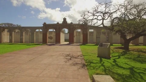 Aerial View Pan Around Tree Reveal Arches &amp;  Abandoned Old Maui High School Stock Footage 74245190