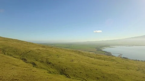 Aerial View Pan Harbor to Wind Turbines, Windmills on Grassy Hillside. Stock Footage 72652578