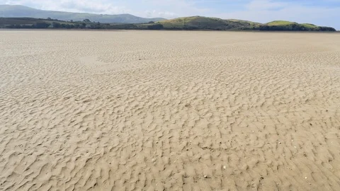 Aerial view, pan move. Drone panorama over low tide sea and sand. Green hills Video stock 94238296