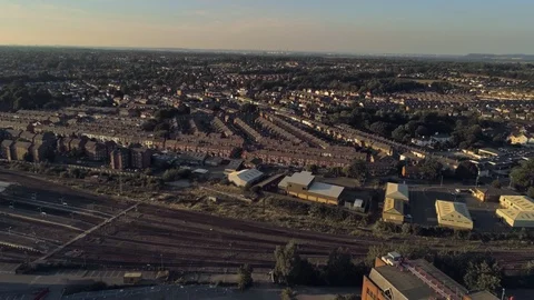 Aerial view, pan move. Drone panorama of Chester city during sunset, railways Video stock 94260995