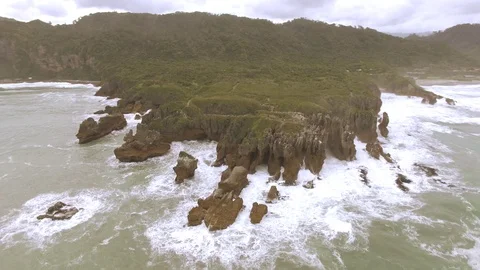 Aerial view of Pancake Rocks, blowhole, New Zealand Stock Footage 101369853