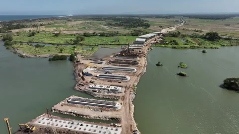 Aerial View of Pandansimo Bridge Construction Site Video stock 280178690