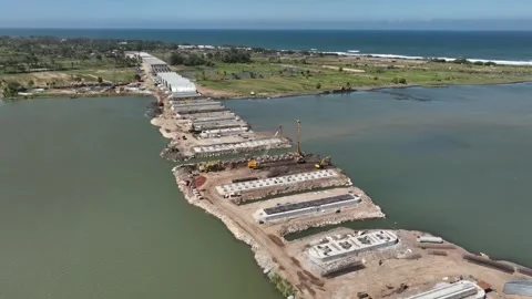 Aerial View of Pandansimo Bridge Construction Site Stock Footage 280188770