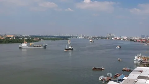 Aerial view panning down of Gulf of Thailand, Cargo ship Samutprakarn Stock Footage 83938393