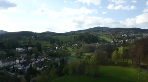 Aerial View. Panorama. Flight over a green grassy in mountains. Stock Footage 49564346