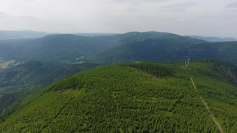 Aerial View. Panorama. Flight over a green grassy in mountains. Stock Footage 77320715