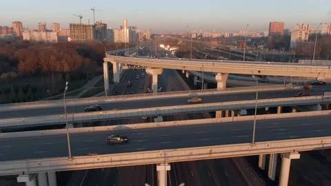 Aerial view panorama of multi-level transport interchange in the city Video stock 143370600
