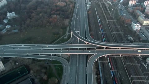 Aerial view panorama of multi-level transport interchange in the city Video stock 143370673