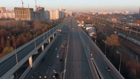 Aerial view panorama of multi-level transport interchange in the city Stock Footage 143370801
