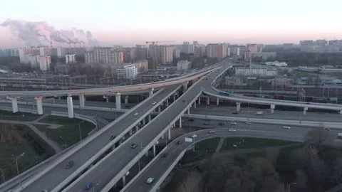 Aerial view panorama of multi-level transport interchange in the city Stock Footage 143370860