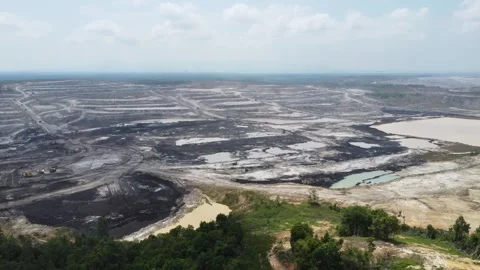 Aerial view panorama of open pit coal mining, dumper, extractive industry e.. Stock Footage 286400366